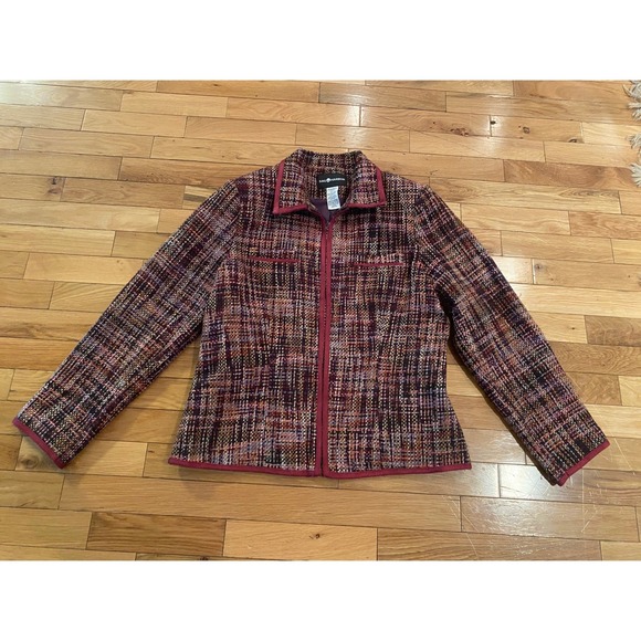 Sag Harbor Tweed Jacket Size 8 Pink Brown Purple Plaid Zip Front Career - Picture 1 of 5